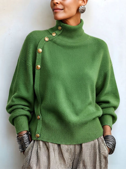 Chic Elegant Asymmetrical Button Turtleneck Sweater