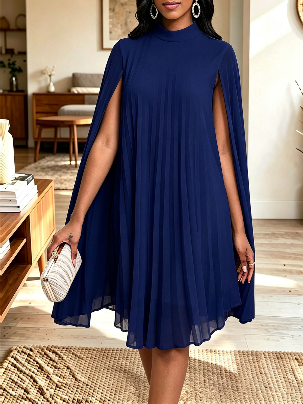 Women Mock Neck Cape Sleeve Pleated Chiffon Midi Party Dress - Blue / S