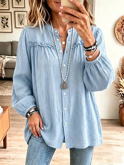Retro Solid Color Art Casual Ruffle Stylish Long Sleeve Cotton Linen Shirt - Blue / S