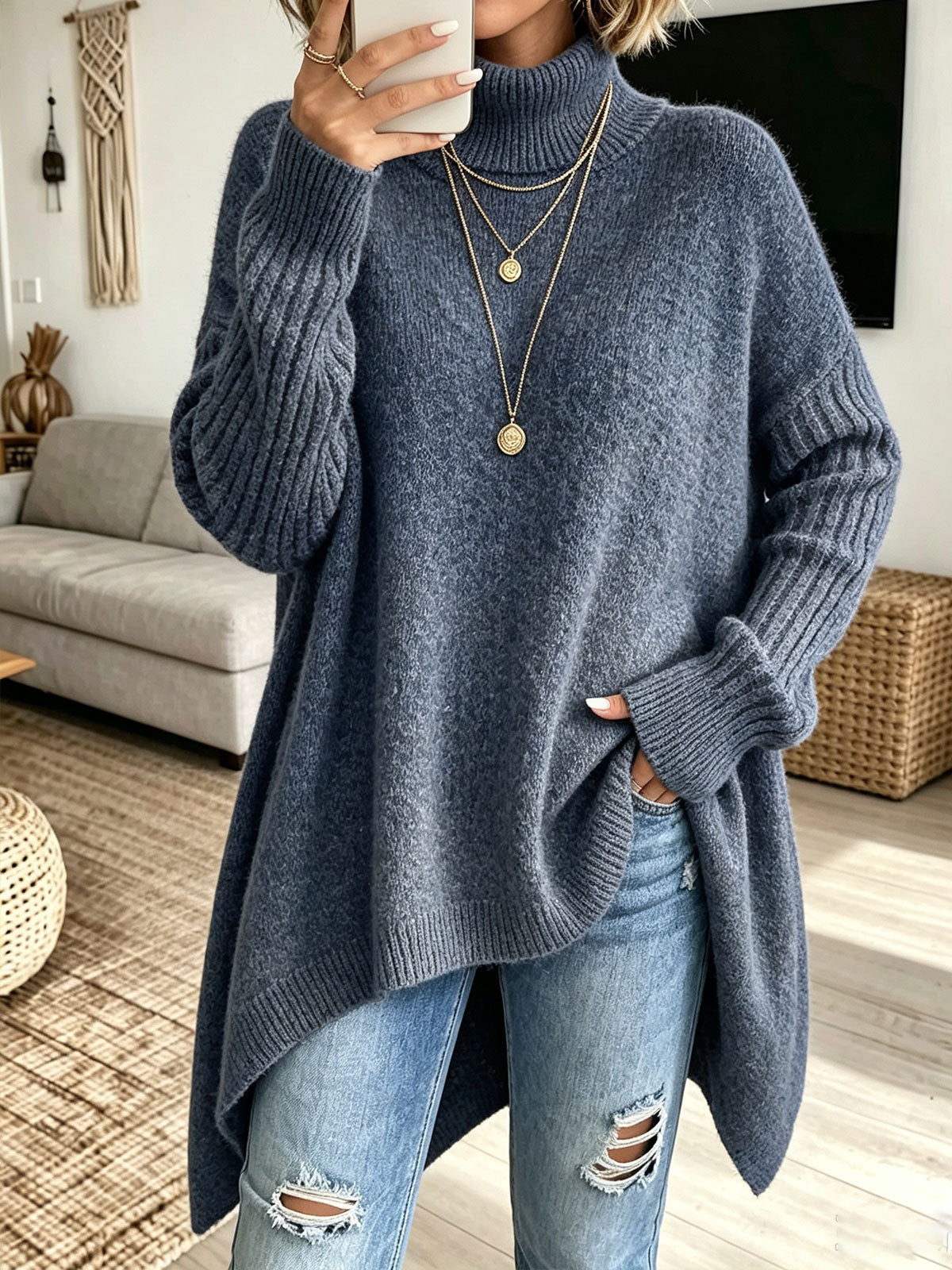 Women Oversized Turtleneck Asymmetric Hem Loose Knit Sweater - Blue / S