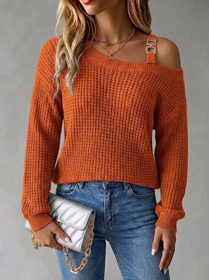 Casual Off-shoulder Pullover Sweater With Metal Buckle And Lantern Sleeves