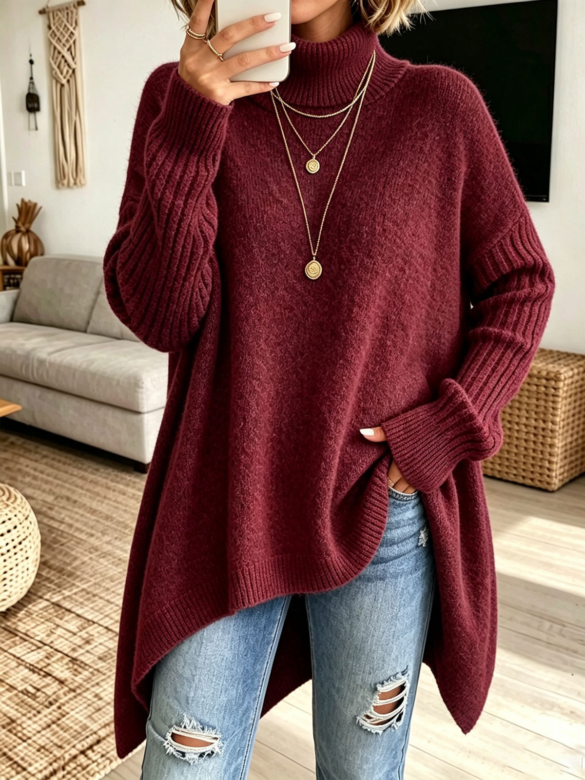 Women Oversized Turtleneck Asymmetric Hem Loose Knit Sweater - Red / S