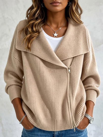 Women's Large Collar Asymmetric Zip Long Sleeve Ribbed Knit Sweater Jacket
