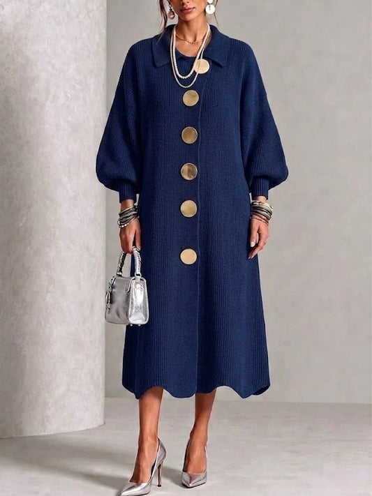 Knit Dress With Large Metal-Buckle Collar And Lantern Sleeves