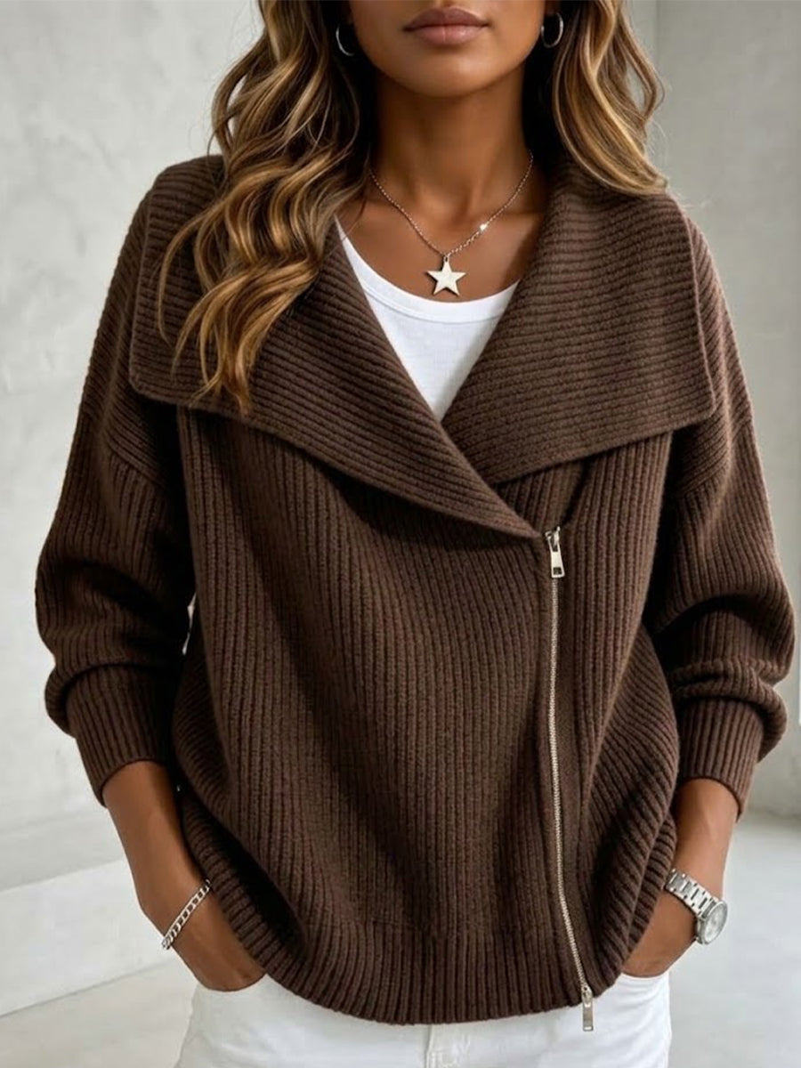 Women's Large Collar Asymmetric Zip Long Sleeve Ribbed Knit Sweater Jacket