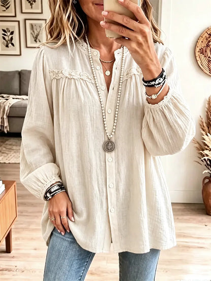 Retro Solid Color Art Casual Ruffle Stylish Long Sleeve Cotton Linen Shirt - White / S
