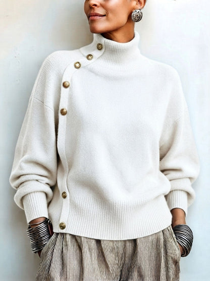 Chic Elegant Asymmetrical Button Turtleneck Sweater