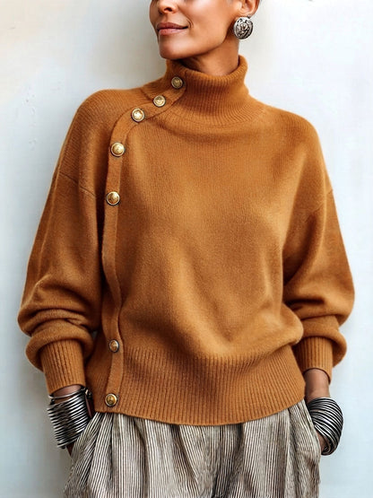 Chic Elegant Asymmetrical Button Turtleneck Sweater