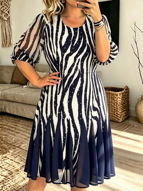 Women Zebra Print Puff Sleeve Flared Chiffon Midi Dress - Blue / S
