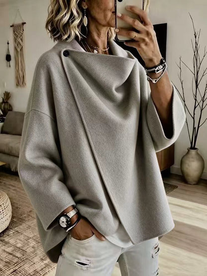 Women's Asymmetrical Button Wrap Collar Poncho Sweater