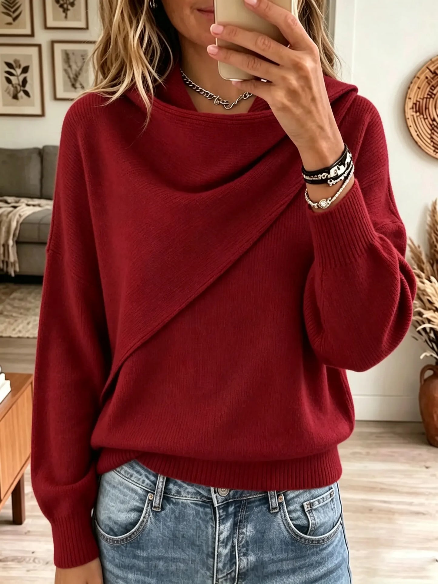 Women's Asymmetrical Draped Cowl Neck Sweater