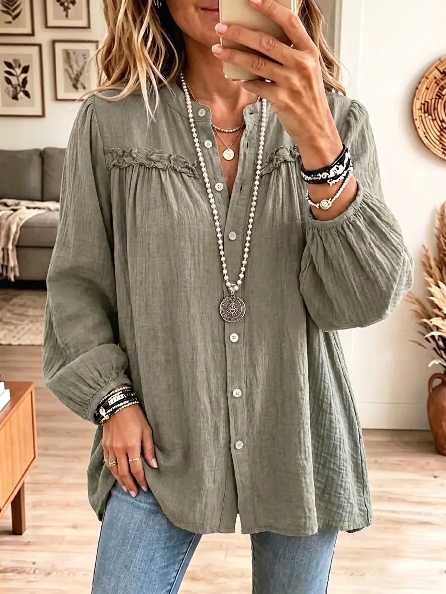 Retro Solid Color Art Casual Ruffle Stylish Long Sleeve Cotton Linen Shirt - Grey / S