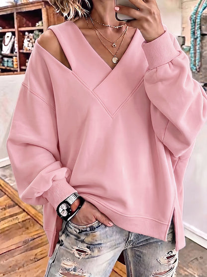 Chic Cutout V-Neck Oversized Sweatshirt