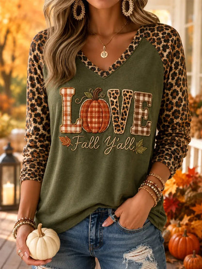 Women Hello Fall Ghost Pumpkin Spice Plaid Raglan Long Sleeve V‑Neck T‑Shirt - LOVE / S