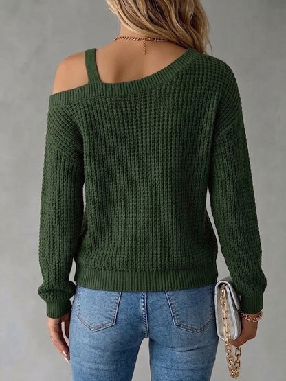 Casual Off-shoulder Pullover Sweater With Metal Buckle And Lantern Sleeves