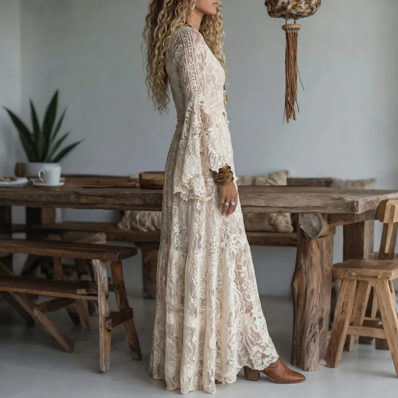 Lace Bell-Sleeve Maxi Dress