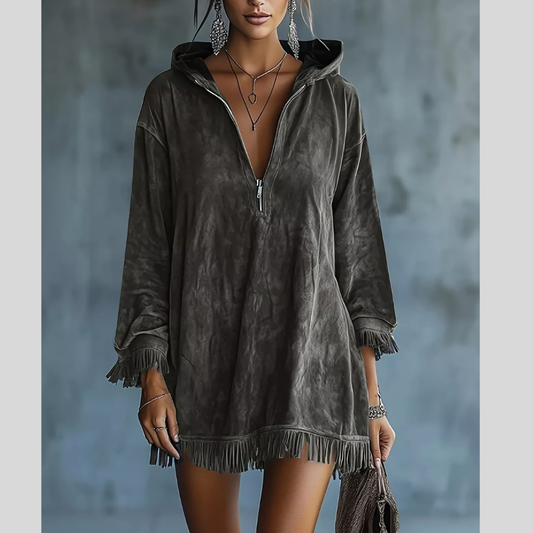 Hooded, Fringed, Half-Zip Mini Dress