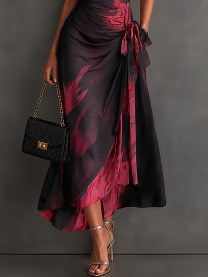 Red Black Abstract Print Wrap Midi Dress Collared V Neck Short Sleeve Tie Waist Ruffled High‑Low Hem Dress