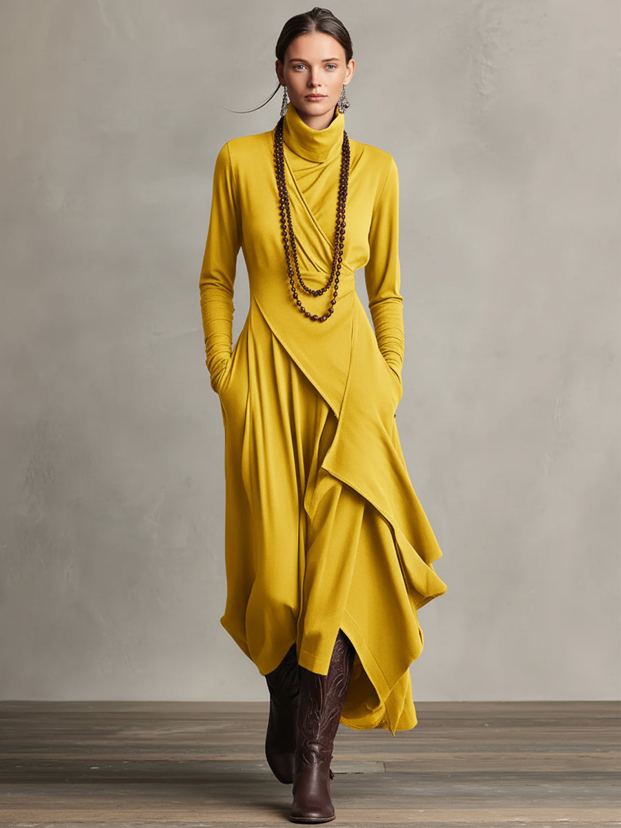 Women's Purple Bohemian Cotton Stretch Turtleneck Asymmetrical Draped Maxi Dress MDA2055J9I